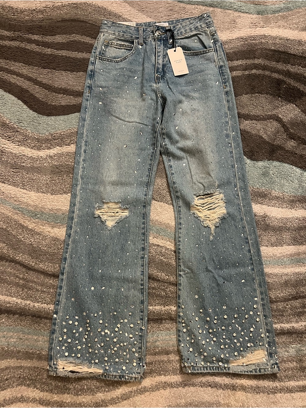 Forever 21 Light Blue Distressed Wide Leg Jeans with Studded Details